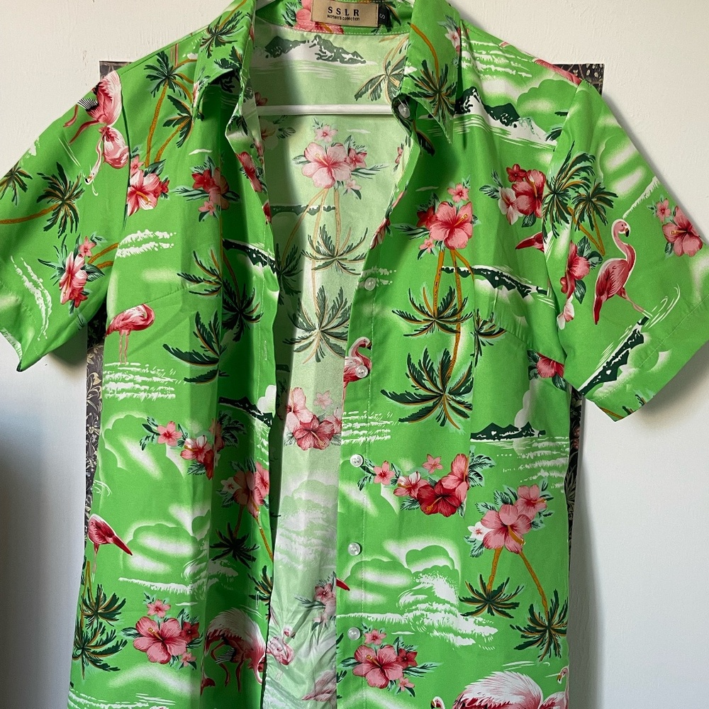 Vintage 90s Green Flamingo Tropical Button-Up Blouse | Palm Tree Hawaiian Resort